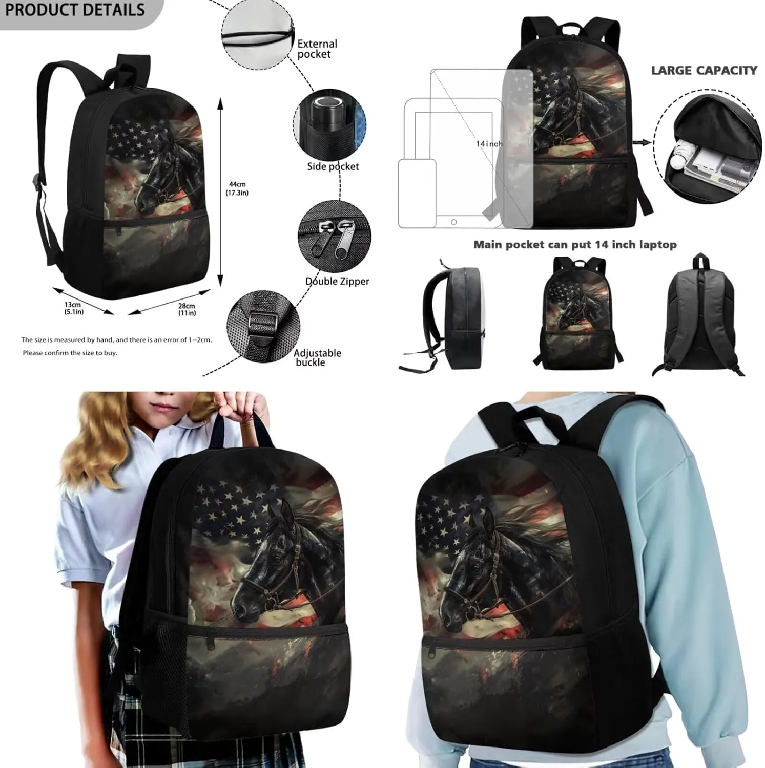 FOR U DESIGNS American Flag Horse Backpack Lunchbox Set Boys Large Capacity Bookbag for School 3 Pcs School Bag for Boys 6-7 5th Grade Travel Rucksack 17 Inch