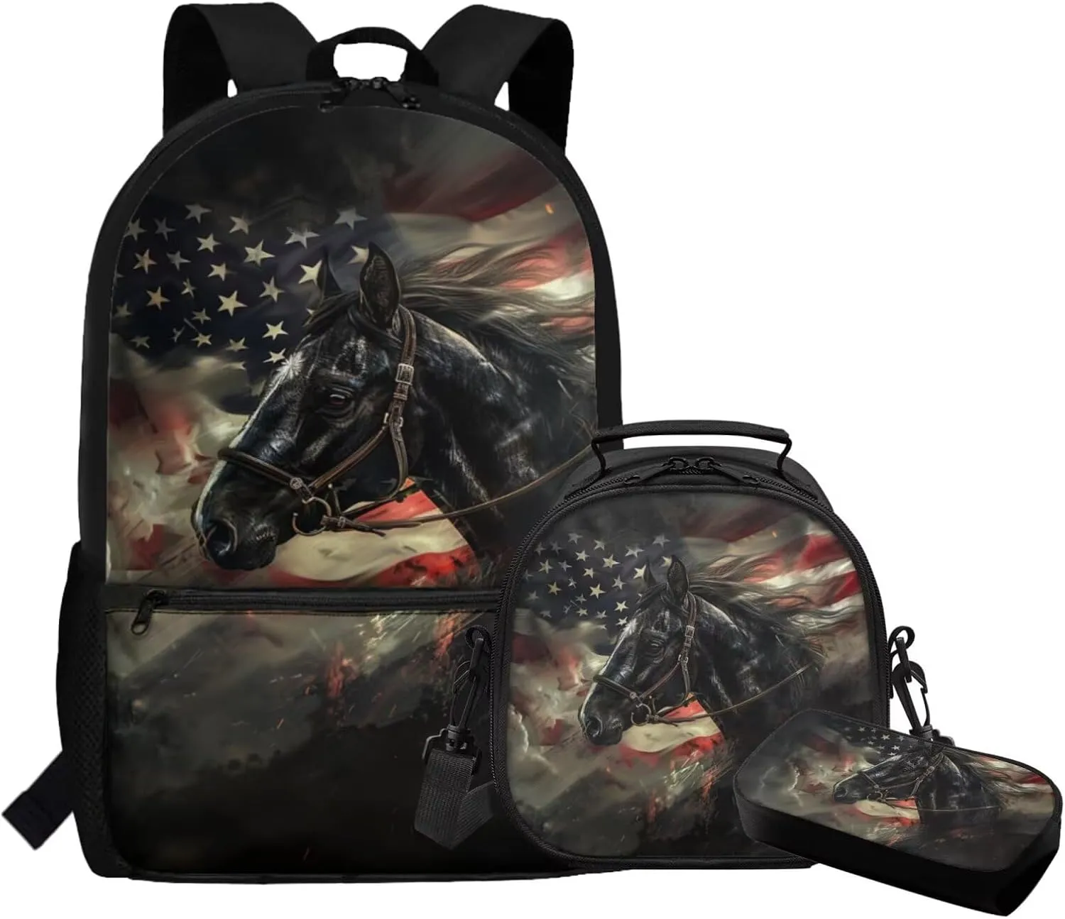 FOR U DESIGNS American Flag Horse Backpack Lunchbox Set Boys Large Capacity Bookbag for School 3 Pcs School Bag for Boys 6-7 5th Grade Travel Rucksack 17 Inch