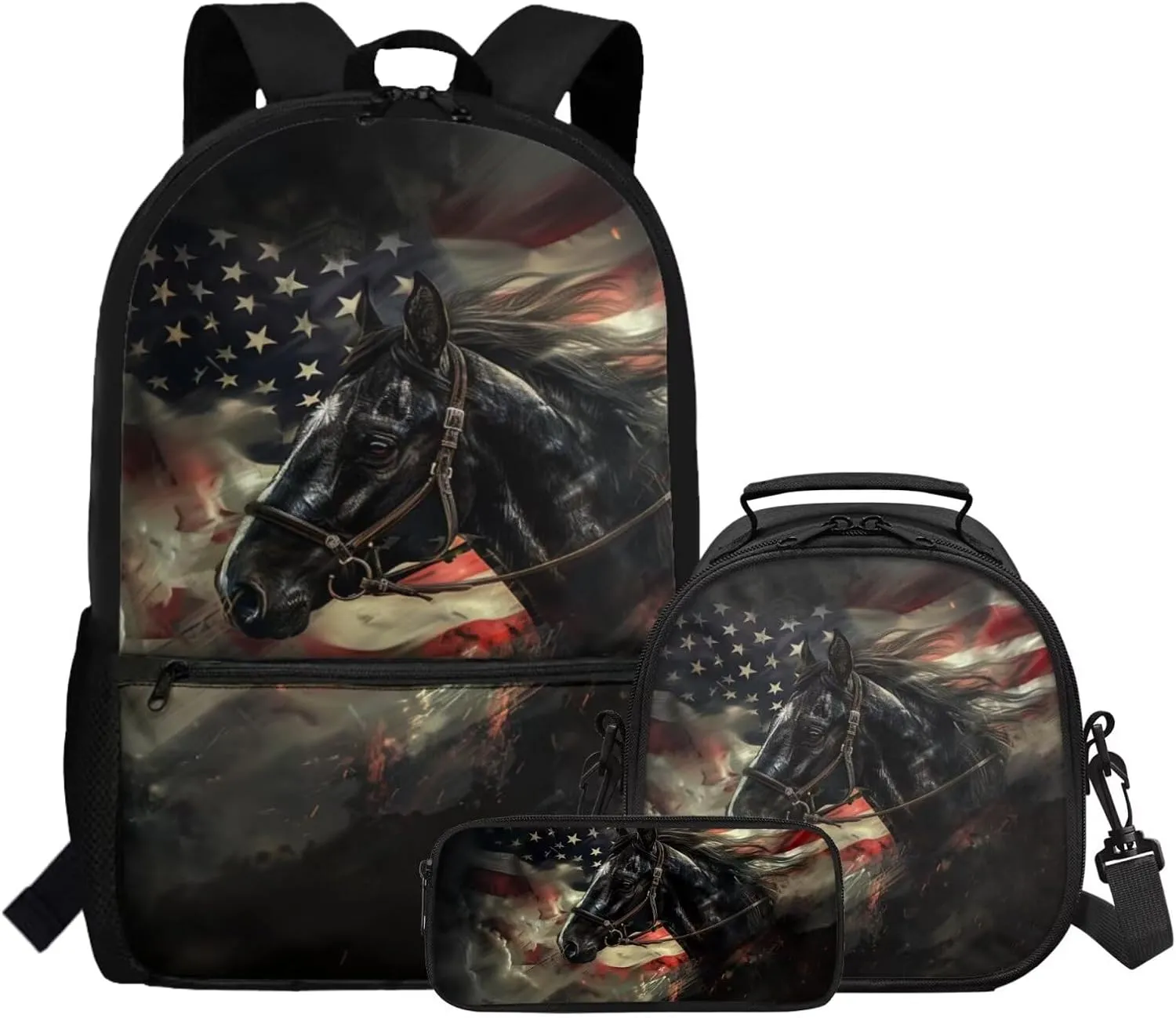 FOR U DESIGNS American Flag Horse Backpack Lunchbox Set Boys Large Capacity Bookbag for School 3 Pcs School Bag for Boys 6-7 5th Grade Travel Rucksack 17 Inch
