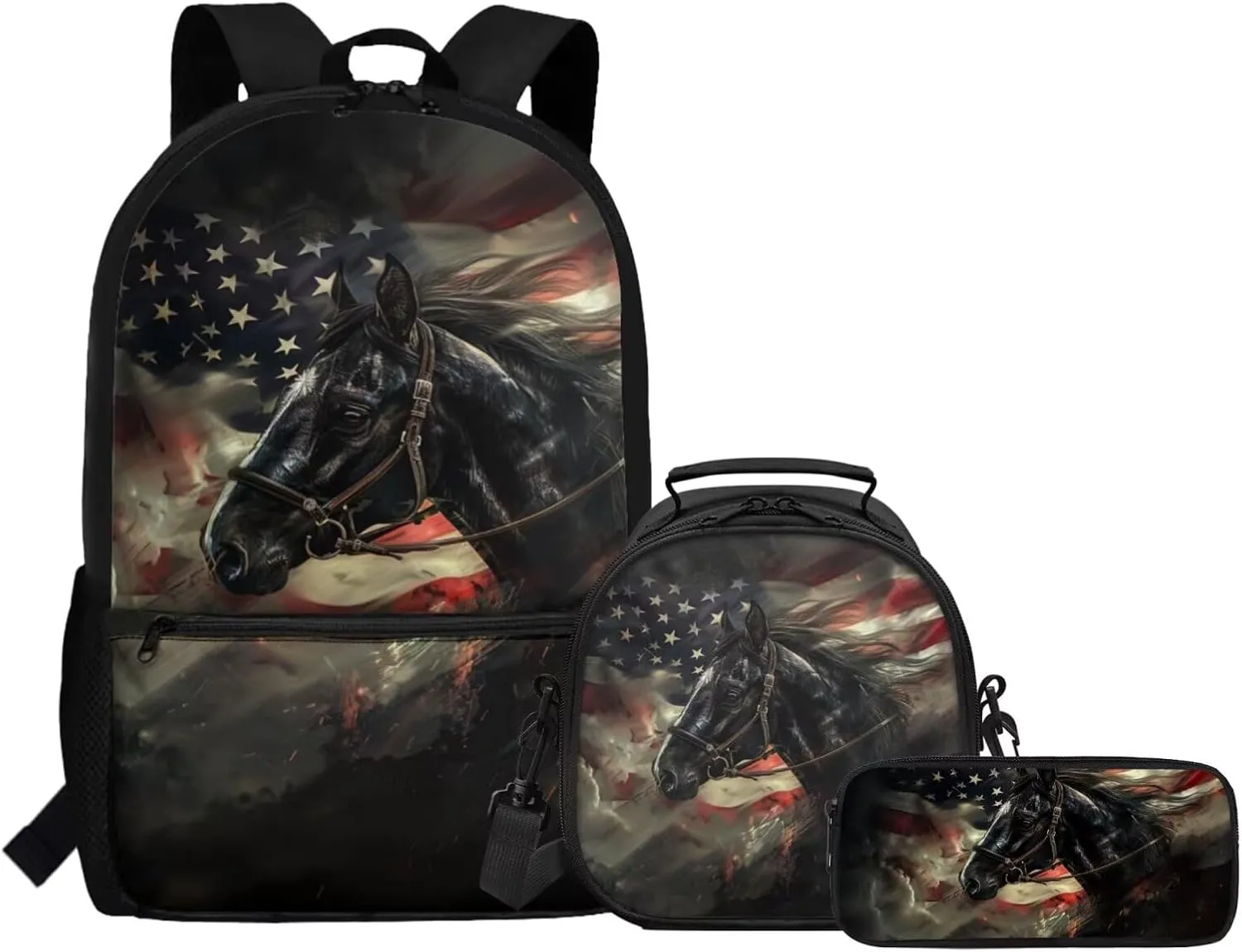 FOR U DESIGNS American Flag Horse Backpack Lunchbox Set Boys Large Capacity Bookbag for School 3 Pcs School Bag for Boys 6-7 5th Grade Travel Rucksack 17 Inch