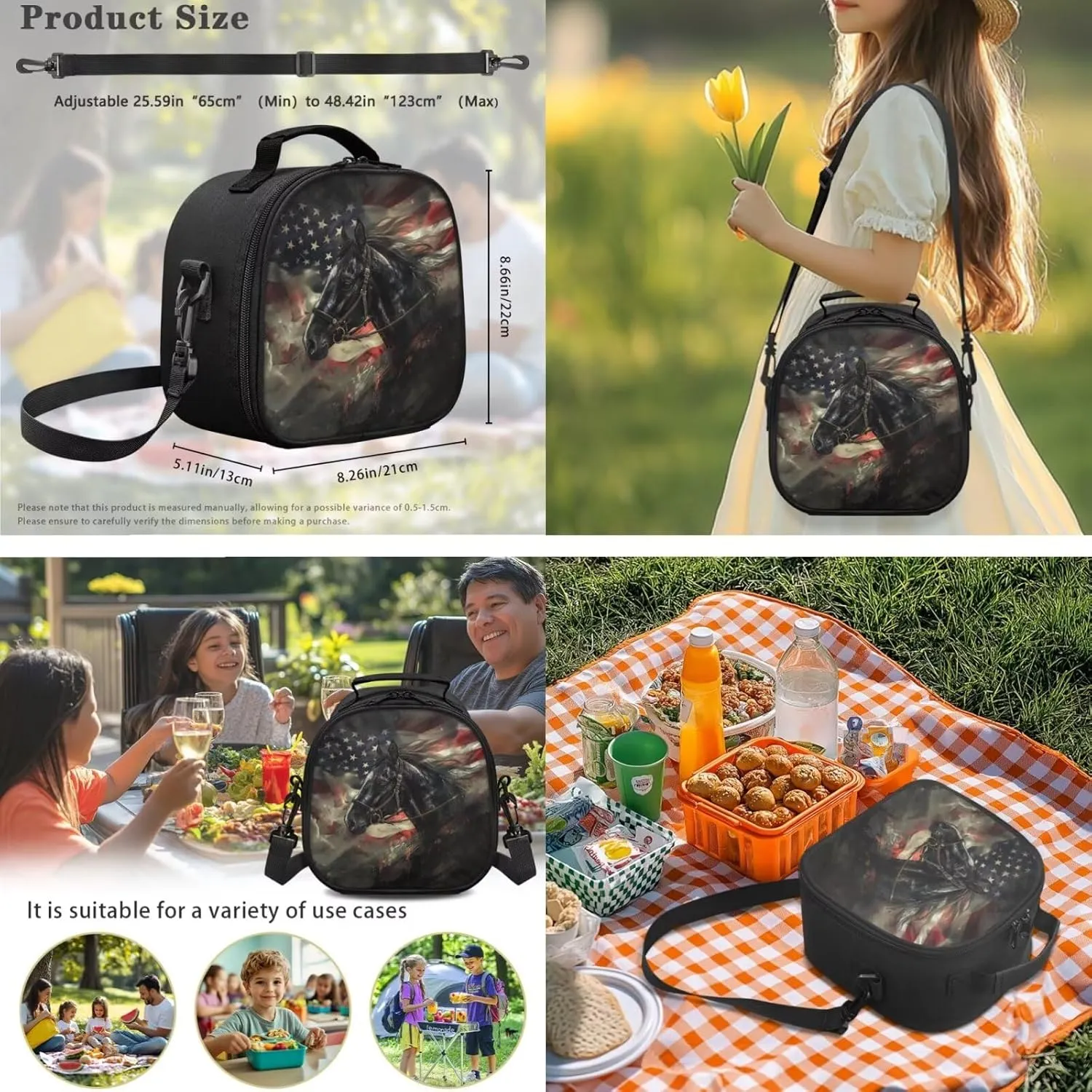 FOR U DESIGNS American Flag Horse Backpack Lunchbox Set Boys Large Capacity Bookbag for School 3 Pcs School Bag for Boys 6-7 5th Grade Travel Rucksack 17 Inch