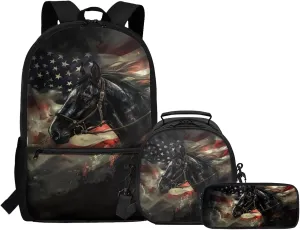FOR U DESIGNS American Flag Horse Backpack Lunchbox Set Boys Large Capacity Bookbag for School 3 Pcs School Bag for Boys 6-7 5th Grade Travel Rucksack 17 Inch