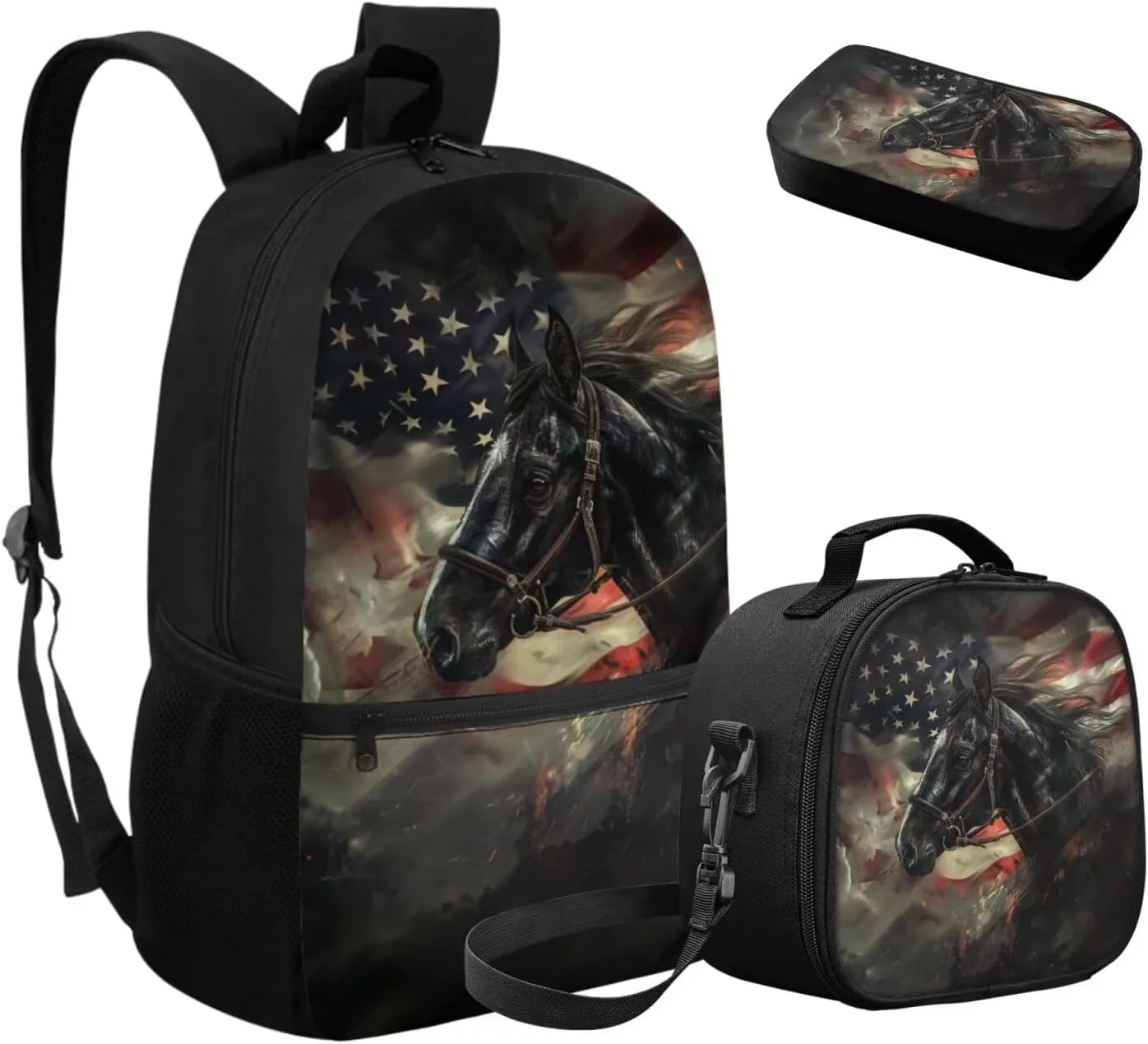FOR U DESIGNS American Flag Horse Backpack Lunchbox Set Boys Large Capacity Bookbag for School 3 Pcs School Bag for Boys 6-7 5th Grade Travel Rucksack 17 Inch