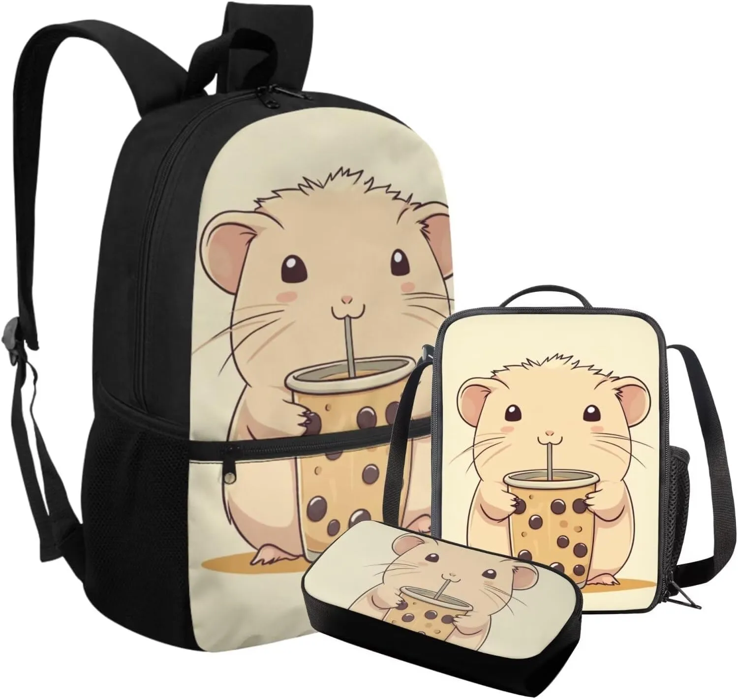 FOR U DESIGNS Capybara Backpack for Girls School 3 Pcs Teen Bookbag for Girls Ages 14-16 Large Capacity 6th Grade School Bag and Lunch Bag Set Lightweight 17 Inch