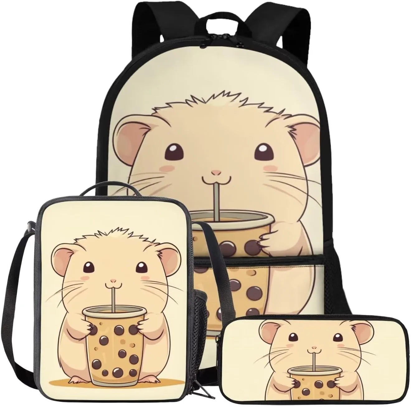 FOR U DESIGNS Capybara Backpack for Girls School 3 Pcs Teen Bookbag for Girls Ages 14-16 Large Capacity 6th Grade School Bag and Lunch Bag Set Lightweight 17 Inch