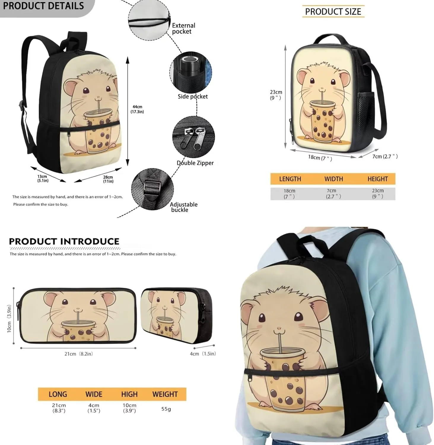 FOR U DESIGNS Capybara Backpack for Girls School 3 Pcs Teen Bookbag for Girls Ages 14-16 Large Capacity 6th Grade School Bag and Lunch Bag Set Lightweight 17 Inch
