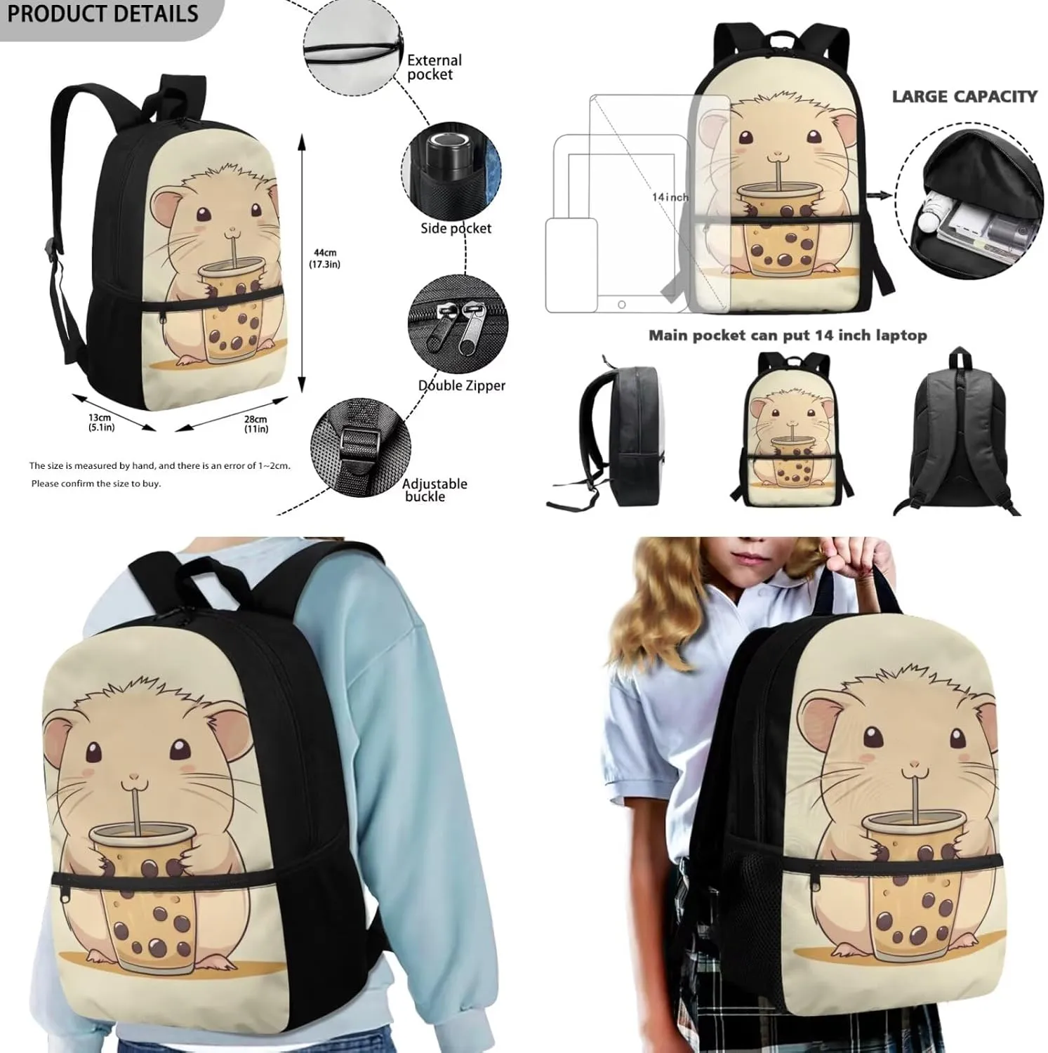 FOR U DESIGNS Capybara Backpack for Girls School 3 Pcs Teen Bookbag for Girls Ages 14-16 Large Capacity 6th Grade School Bag and Lunch Bag Set Lightweight 17 Inch