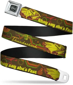 Ford Emblem Seatbelt Belt - Vintage Ford THUNDERBIRD-THEY SAY SHE'S FAST Browns/Yellows Webbing