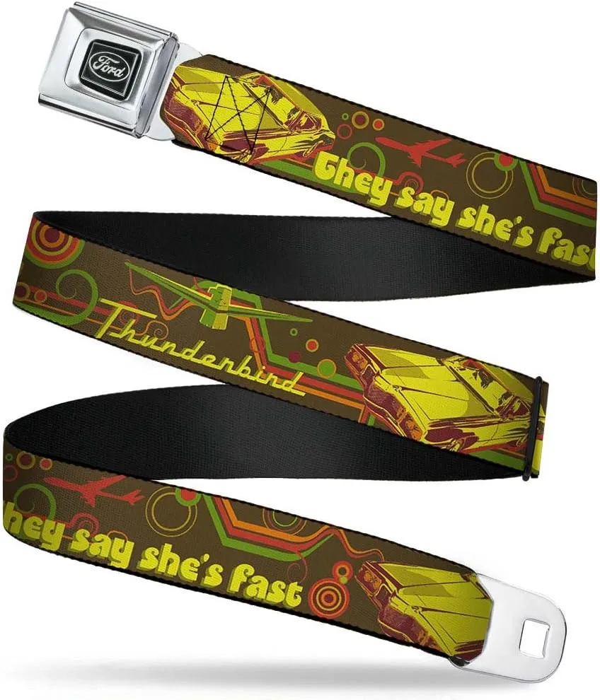 Ford Emblem Seatbelt Belt - Vintage Ford THUNDERBIRD-THEY SAY SHE'S FAST Browns/Yellows Webbing