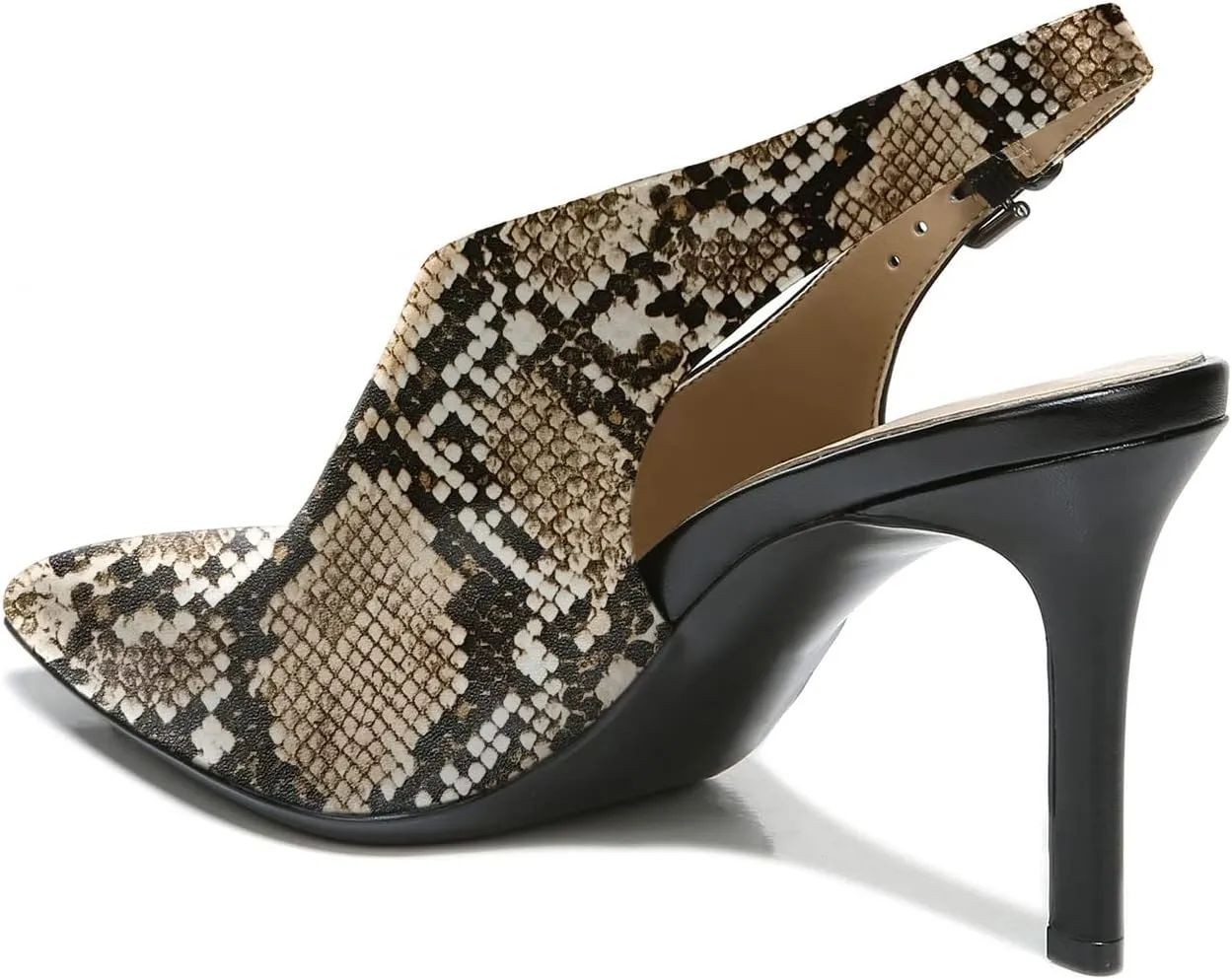 FOWT Spring Two Toned Patchwork Snakeskin Slingback Buckle Strap Black Pumps for Woman Elegant Pointed Toe 3 Inches High Heels Concise Casual Daily Dressy Shoes, US Size 4-16 M