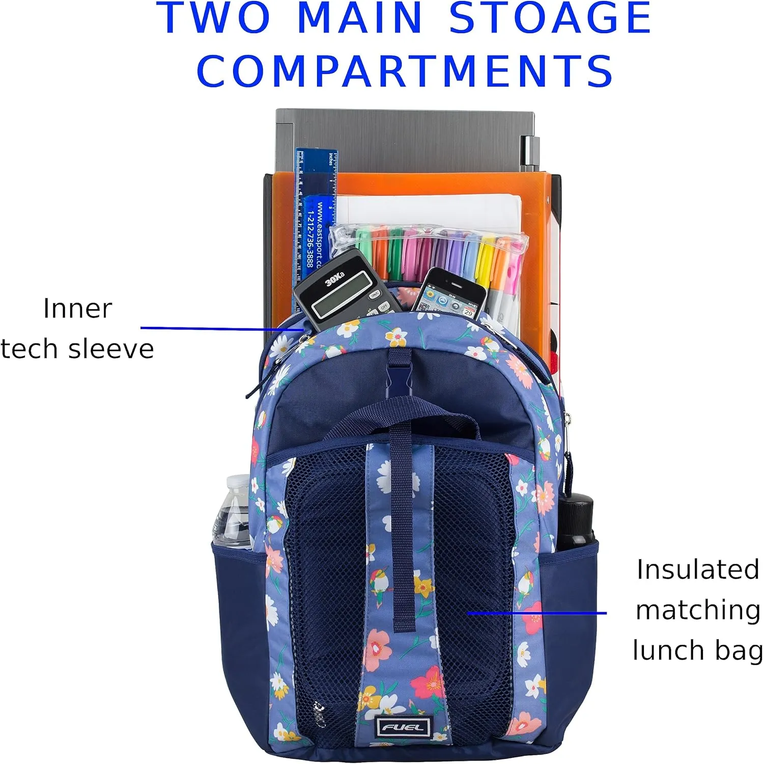 FUEL Teens Student Water Resistant Backpack Set Lunch Bookbag Bag Soft Reusable Insulated Cooler Lunch Box Thermal Travel Office Lunch Bag,Purple Flowers