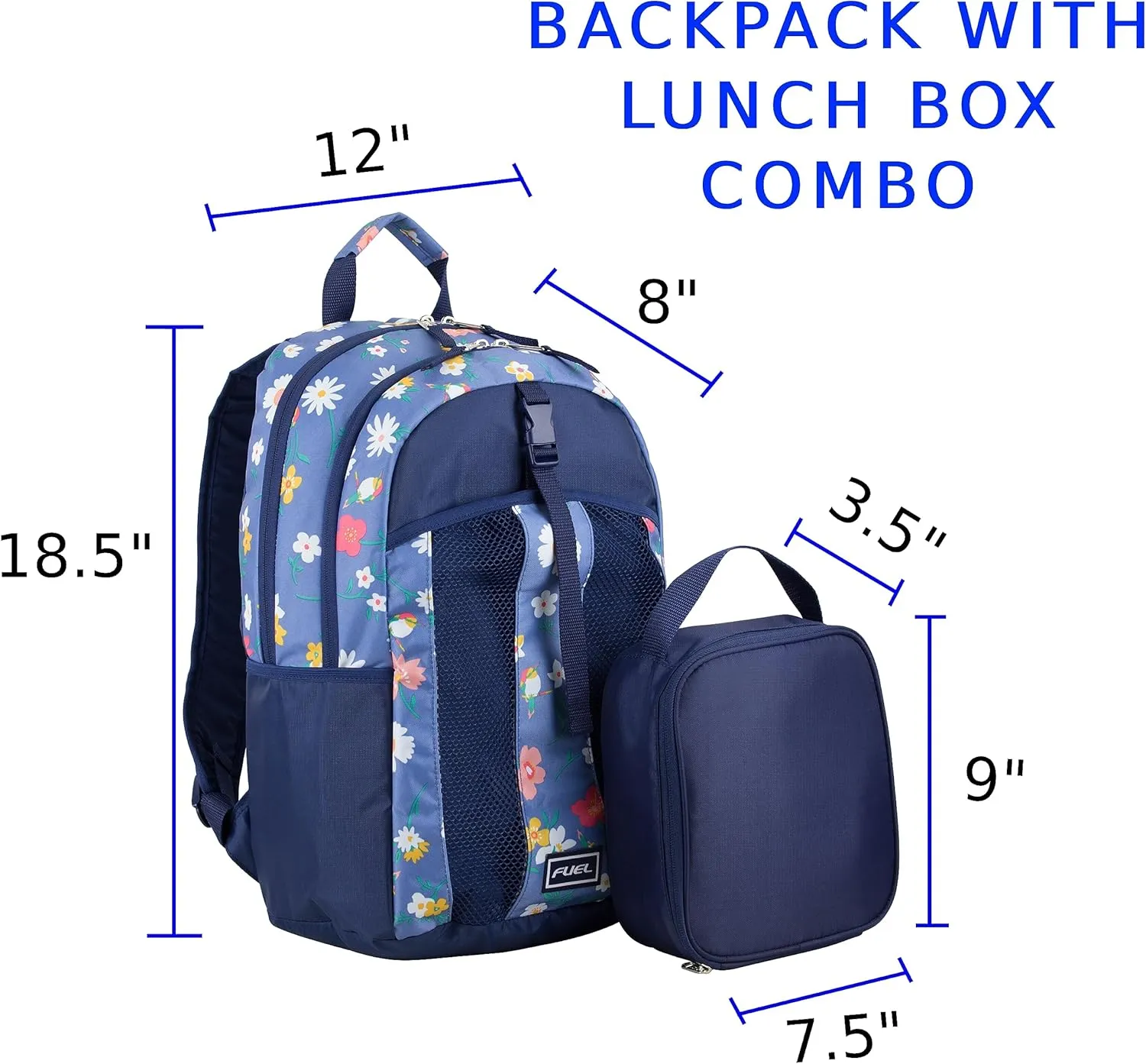 FUEL Teens Student Water Resistant Backpack Set Lunch Bookbag Bag Soft Reusable Insulated Cooler Lunch Box Thermal Travel Office Lunch Bag,Purple Flowers