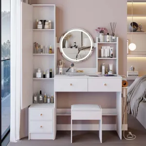 Full Body Mirror Cabinet Makeup Vanity Desk, 17" Round Mirror LED Mirror, with 2 AC   2 USB Power Station, Touch Control 3 Adjustable Color, Cushioned Stool and Large Desktop