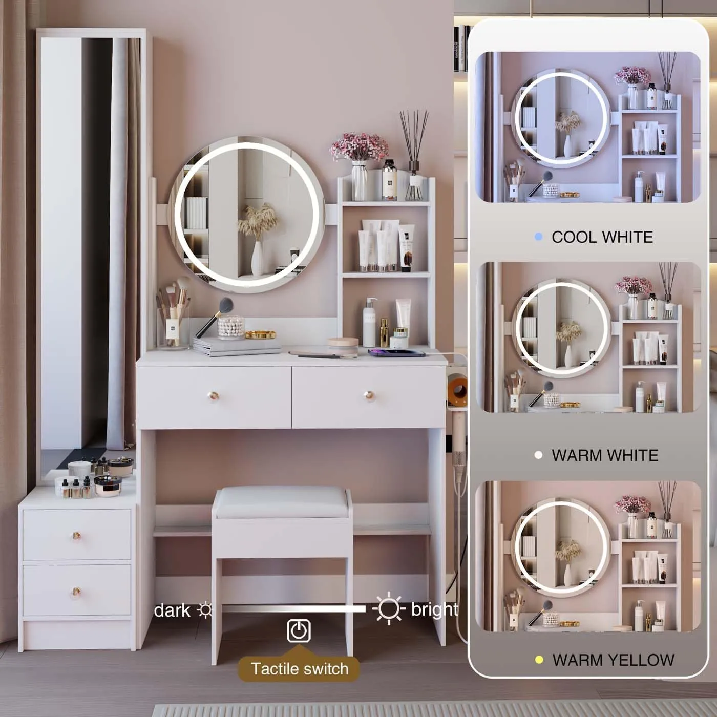 Full Body Mirror Cabinet Makeup Vanity Desk, 17" Round Mirror LED Mirror, with 2 AC   2 USB Power Station, Touch Control 3 Adjustable Color, Cushioned Stool and Large Desktop