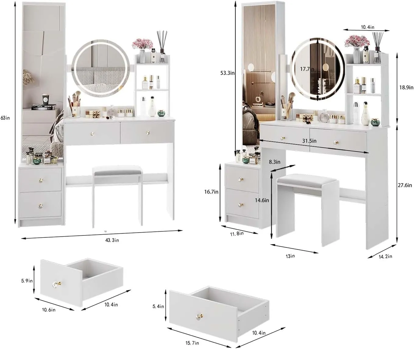 Full Body Mirror Cabinet Makeup Vanity Desk, 17" Round Mirror LED Mirror, with 2 AC   2 USB Power Station, Touch Control 3 Adjustable Color, Cushioned Stool and Large Desktop
