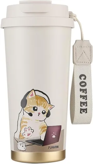 Funkrin Coffee Travel Mug with Straw & Flip Lid, 16oz Insulated Tumbler Cup with Ceramic Coating, Double Wall Vacuum Leak-Proof Thermos Mug for Office School Party Camping