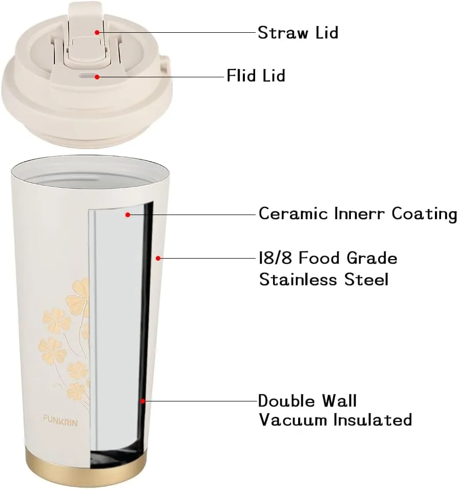 Funkrin Coffee Travel Mug with Straw & Flip Lid, 16oz Insulated Tumbler Cup with Ceramic Coating, Double Wall Vacuum Leak-Proof Thermos Mug for Office School Party Camping