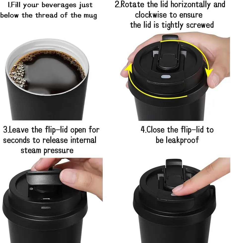 Funkrin Coffee Travel Mug with Straw & Flip Lid, 16oz Insulated Tumbler Cup with Ceramic Coating, Double Wall Vacuum Leak-Proof Thermos Mug for Office School Party Camping