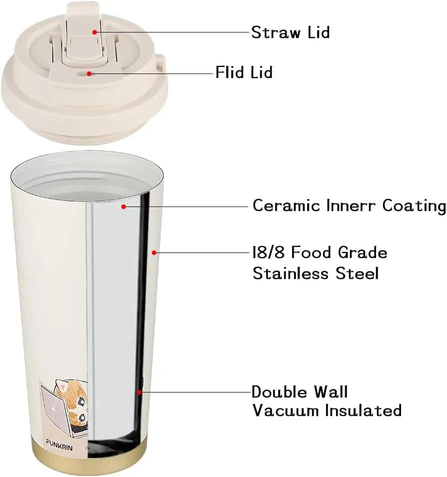 Funkrin Coffee Travel Mug with Straw & Flip Lid, 16oz Insulated Tumbler Cup with Ceramic Coating, Double Wall Vacuum Leak-Proof Thermos Mug for Office School Party Camping