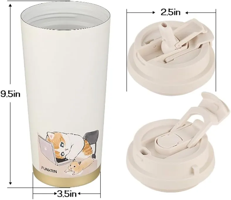 Funkrin Coffee Travel Mug with Straw & Flip Lid, 16oz Insulated Tumbler Cup with Ceramic Coating, Double Wall Vacuum Leak-Proof Thermos Mug for Office School Party Camping