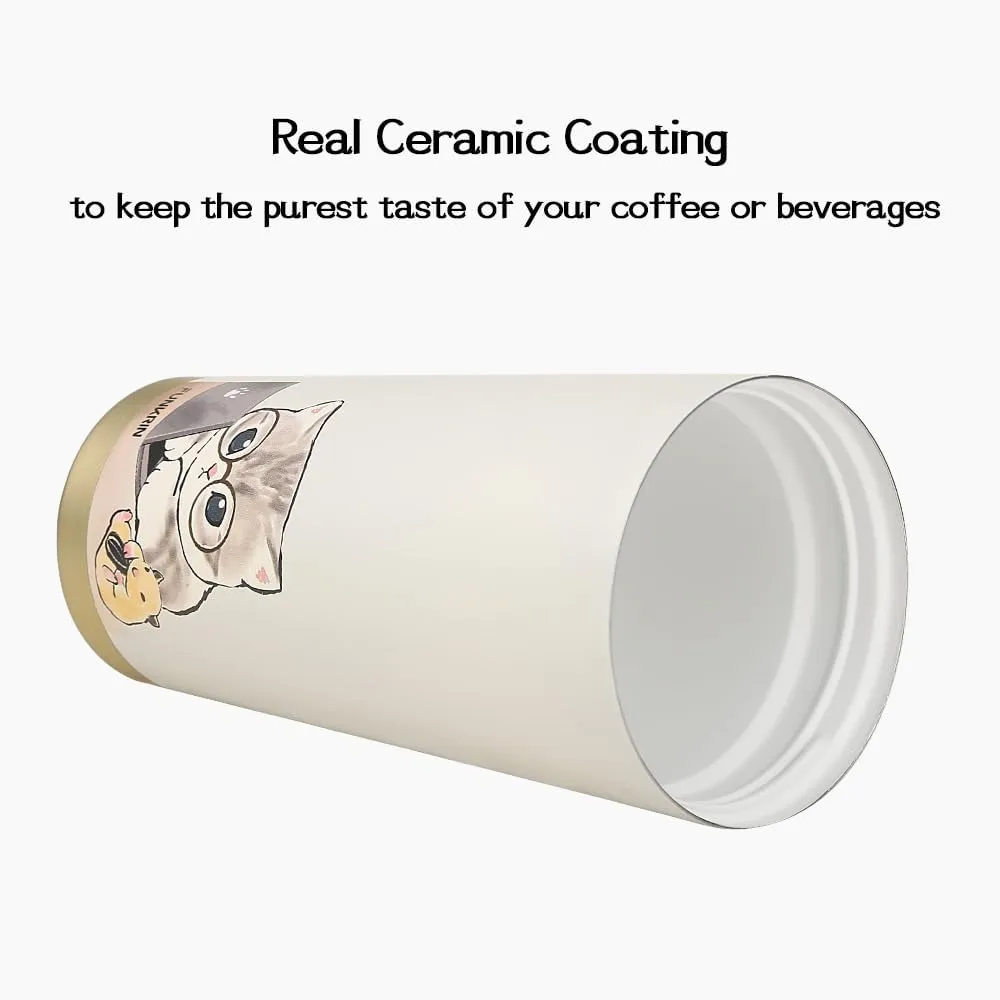Funkrin Coffee Travel Mug with Straw & Flip Lid, 16oz Insulated Tumbler Cup with Ceramic Coating, Double Wall Vacuum Leak-Proof Thermos Mug for Office School Party Camping