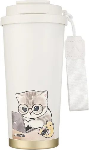 Funkrin Coffee Travel Mug with Straw & Flip Lid, 16oz Insulated Tumbler Cup with Ceramic Coating, Double Wall Vacuum Leak-Proof Thermos Mug for Office School Party Camping