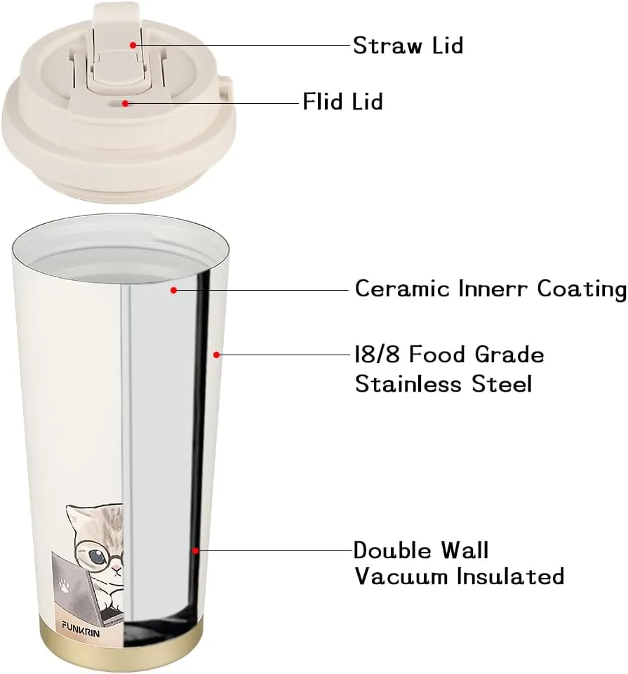 Funkrin Coffee Travel Mug with Straw & Flip Lid, 16oz Insulated Tumbler Cup with Ceramic Coating, Double Wall Vacuum Leak-Proof Thermos Mug for Office School Party Camping