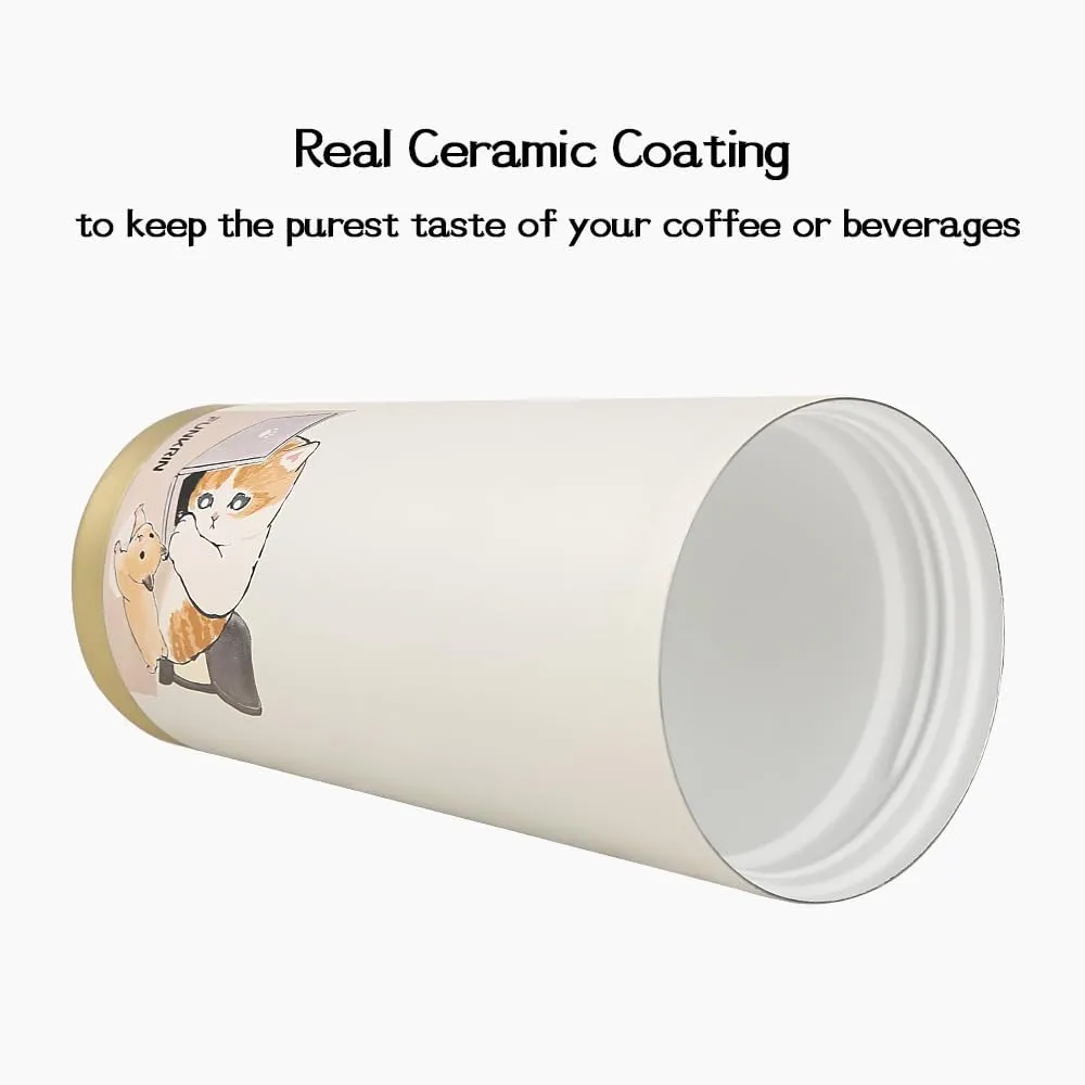 Funkrin Coffee Travel Mug with Straw & Flip Lid, 16oz Insulated Tumbler Cup with Ceramic Coating, Double Wall Vacuum Leak-Proof Thermos Mug for Office School Party Camping