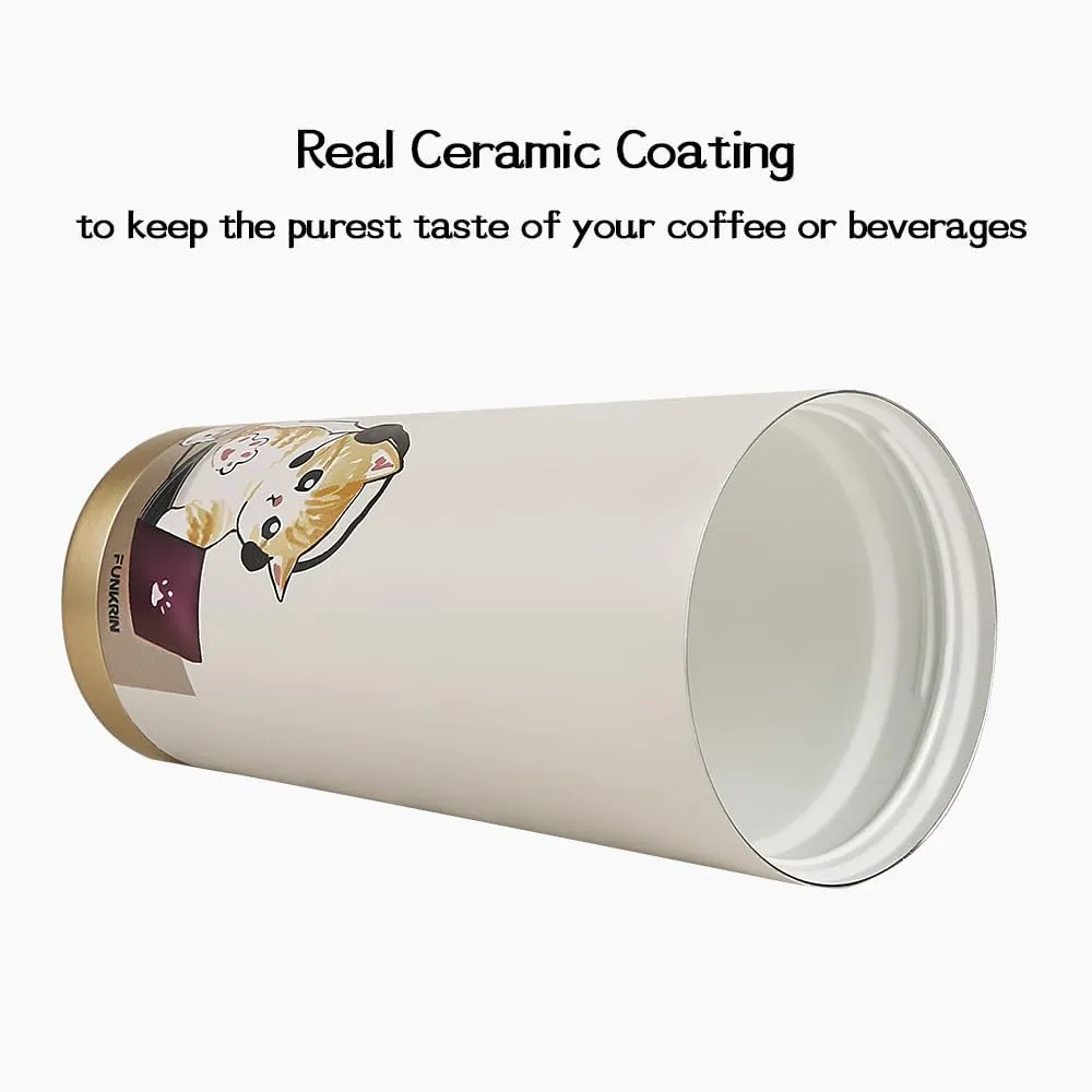 Funkrin Coffee Travel Mug with Straw & Flip Lid, 16oz Insulated Tumbler Cup with Ceramic Coating, Double Wall Vacuum Leak-Proof Thermos Mug for Office School Party Camping