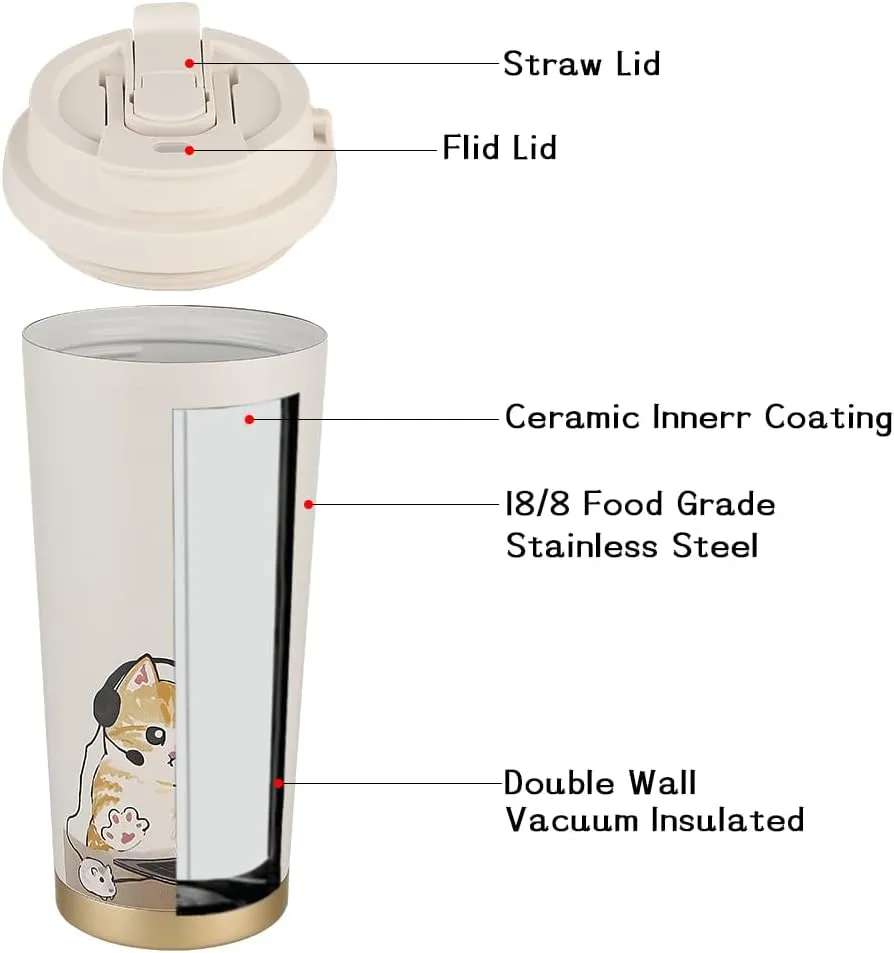 Funkrin Coffee Travel Mug with Straw & Flip Lid, 16oz Insulated Tumbler Cup with Ceramic Coating, Double Wall Vacuum Leak-Proof Thermos Mug for Office School Party Camping