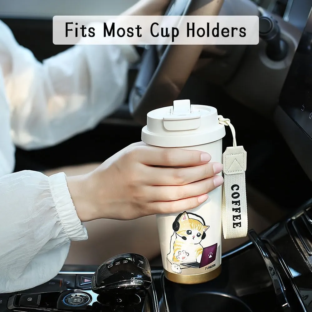 Funkrin Coffee Travel Mug with Straw & Flip Lid, 16oz Insulated Tumbler Cup with Ceramic Coating, Double Wall Vacuum Leak-Proof Thermos Mug for Office School Party Camping