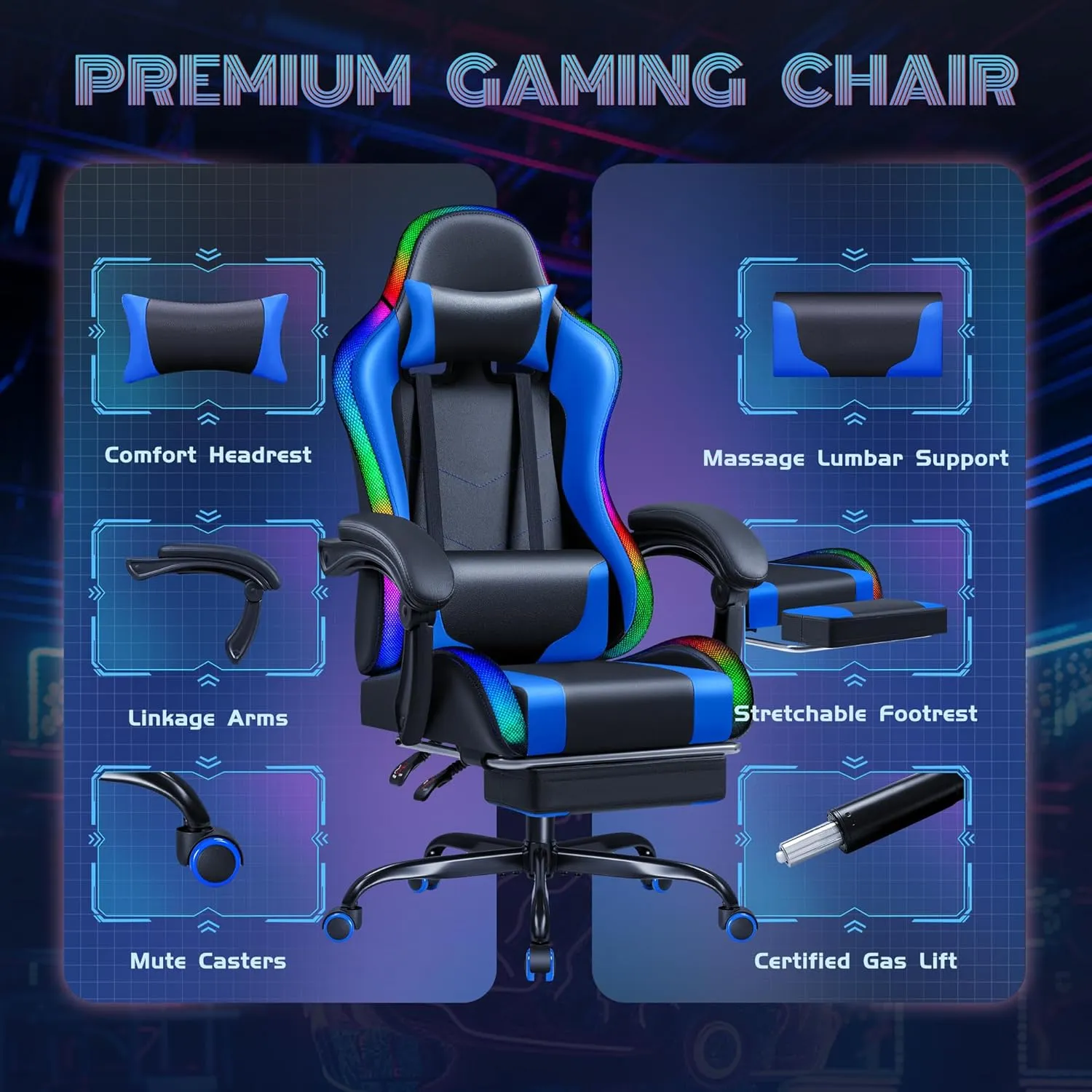 Furmax Gaming Chair with RGB LED Lights, Video Game Chair with Footrest and Massage Lumbar Support, High Back Reclining Computer Chair with Headrest, Swivel Seat Gamer Chair (LED Blue)