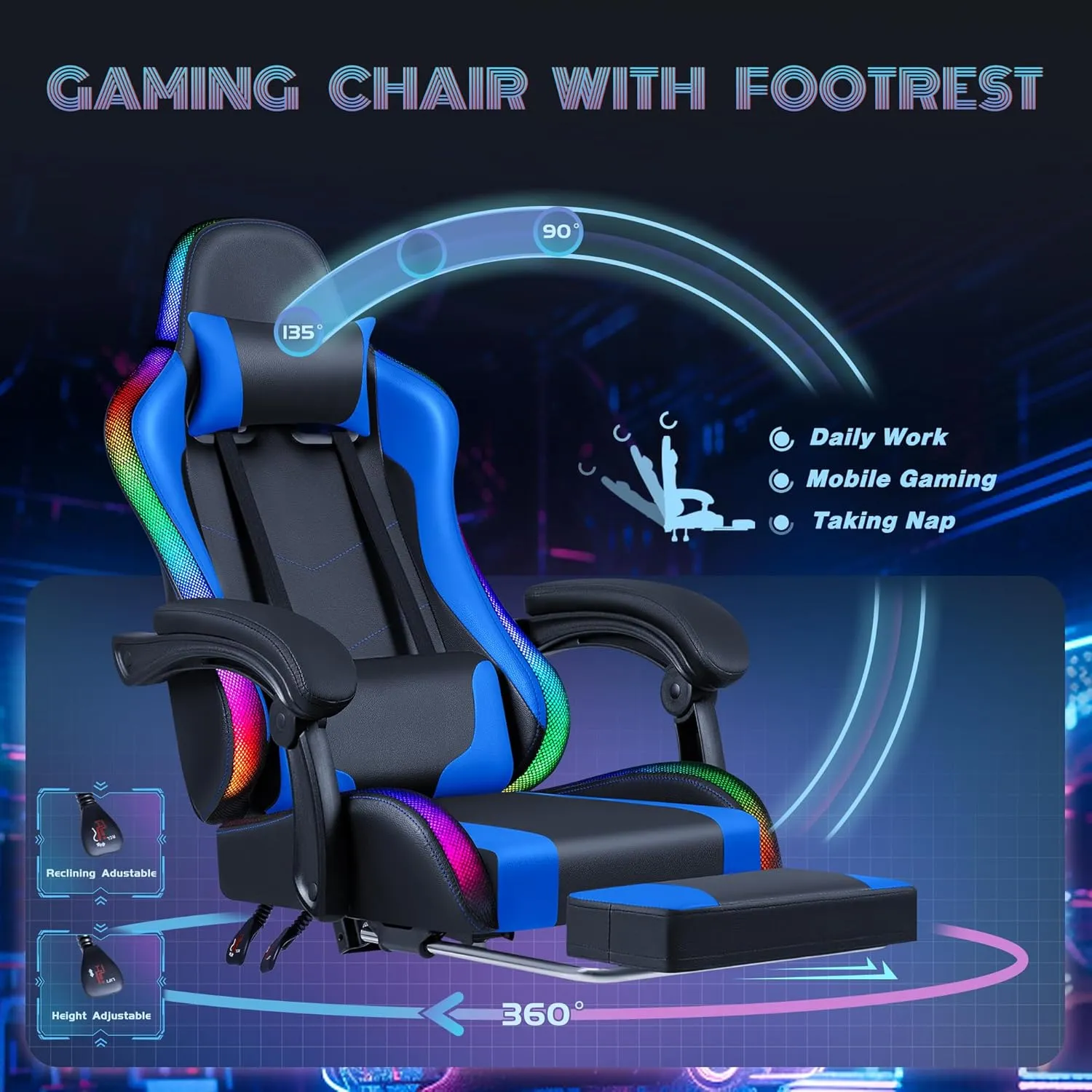 Furmax Gaming Chair with RGB LED Lights, Video Game Chair with Footrest and Massage Lumbar Support, High Back Reclining Computer Chair with Headrest, Swivel Seat Gamer Chair (LED Blue)