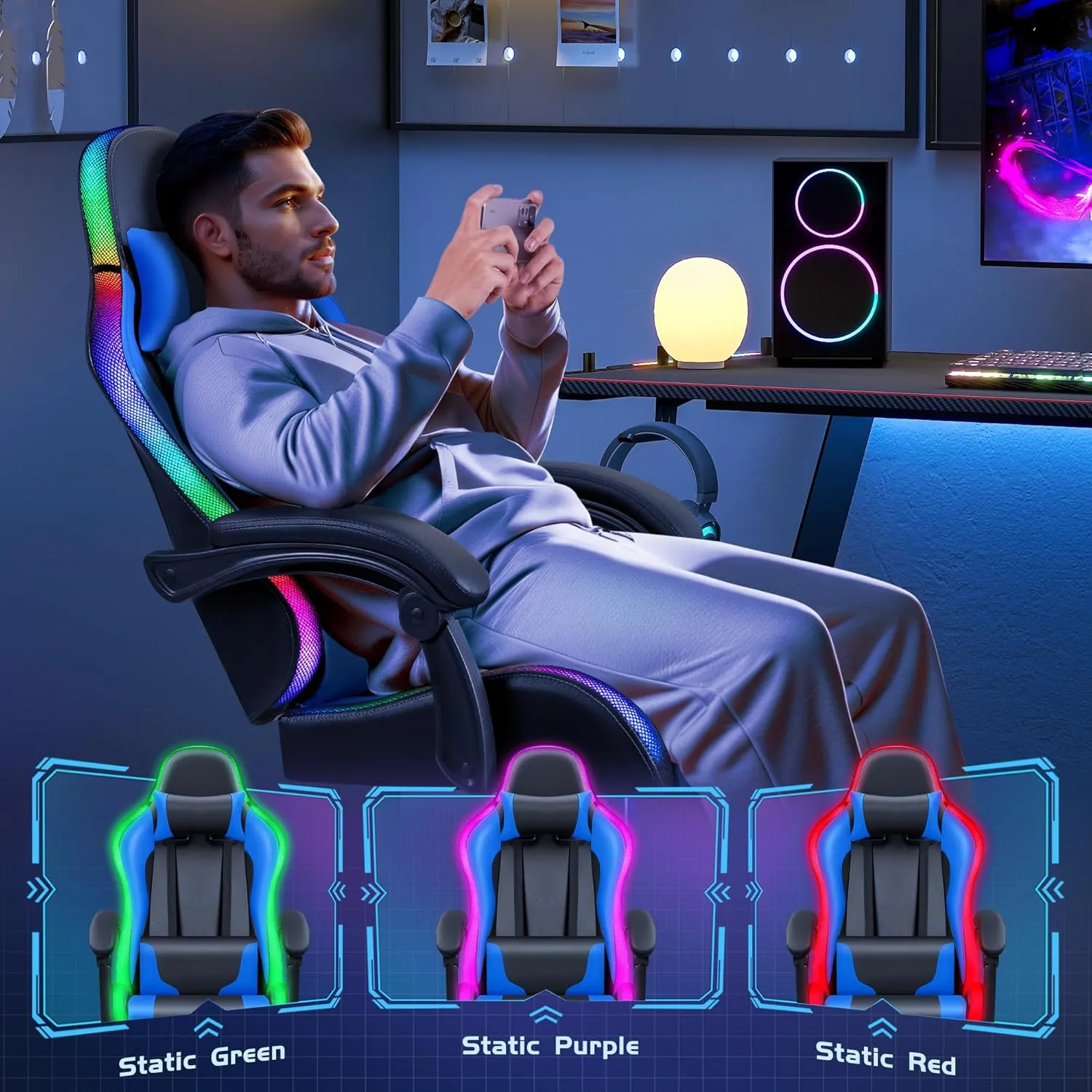 Furmax Gaming Chair with RGB LED Lights, Video Game Chair with Footrest and Massage Lumbar Support, High Back Reclining Computer Chair with Headrest, Swivel Seat Gamer Chair (LED Blue)
