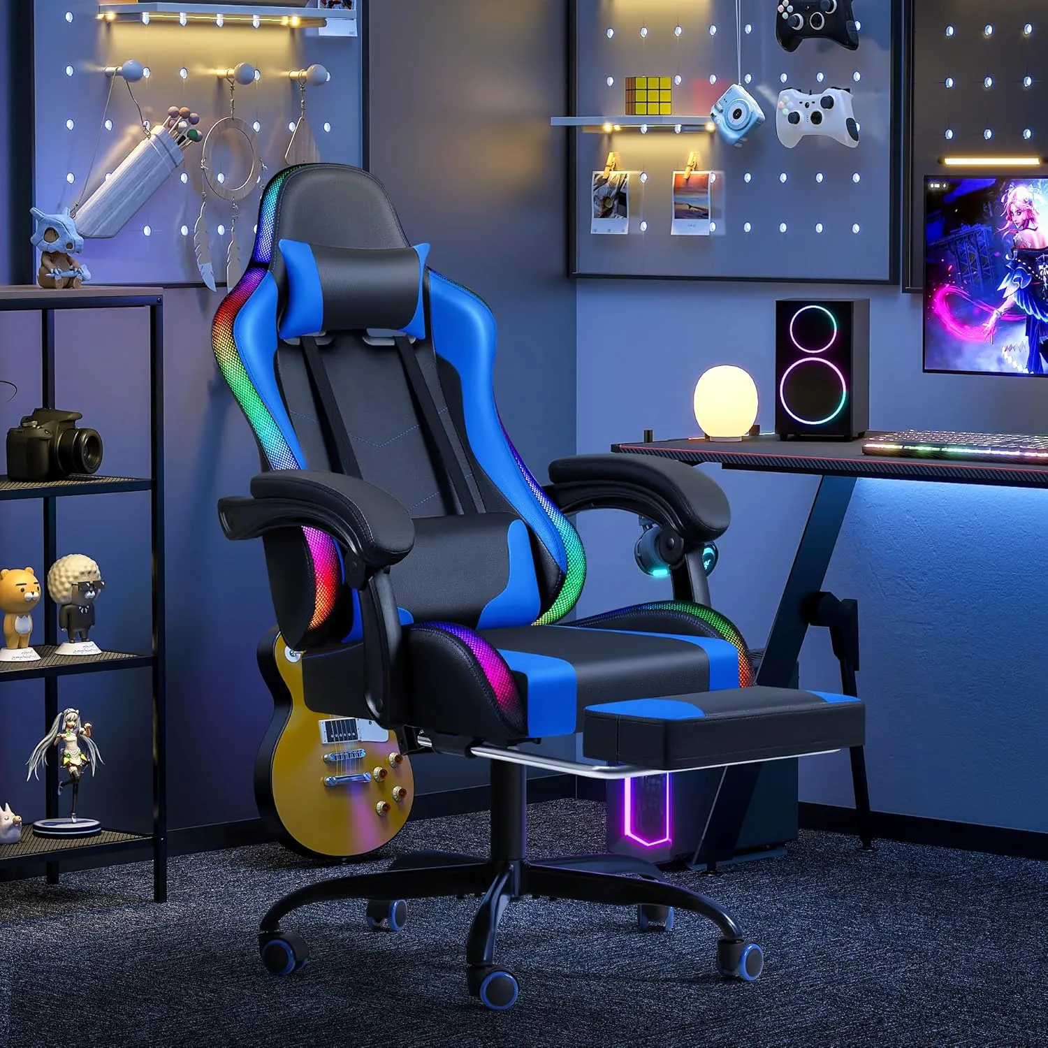 Furmax Gaming Chair with RGB LED Lights, Video Game Chair with Footrest and Massage Lumbar Support, High Back Reclining Computer Chair with Headrest, Swivel Seat Gamer Chair (LED Blue)