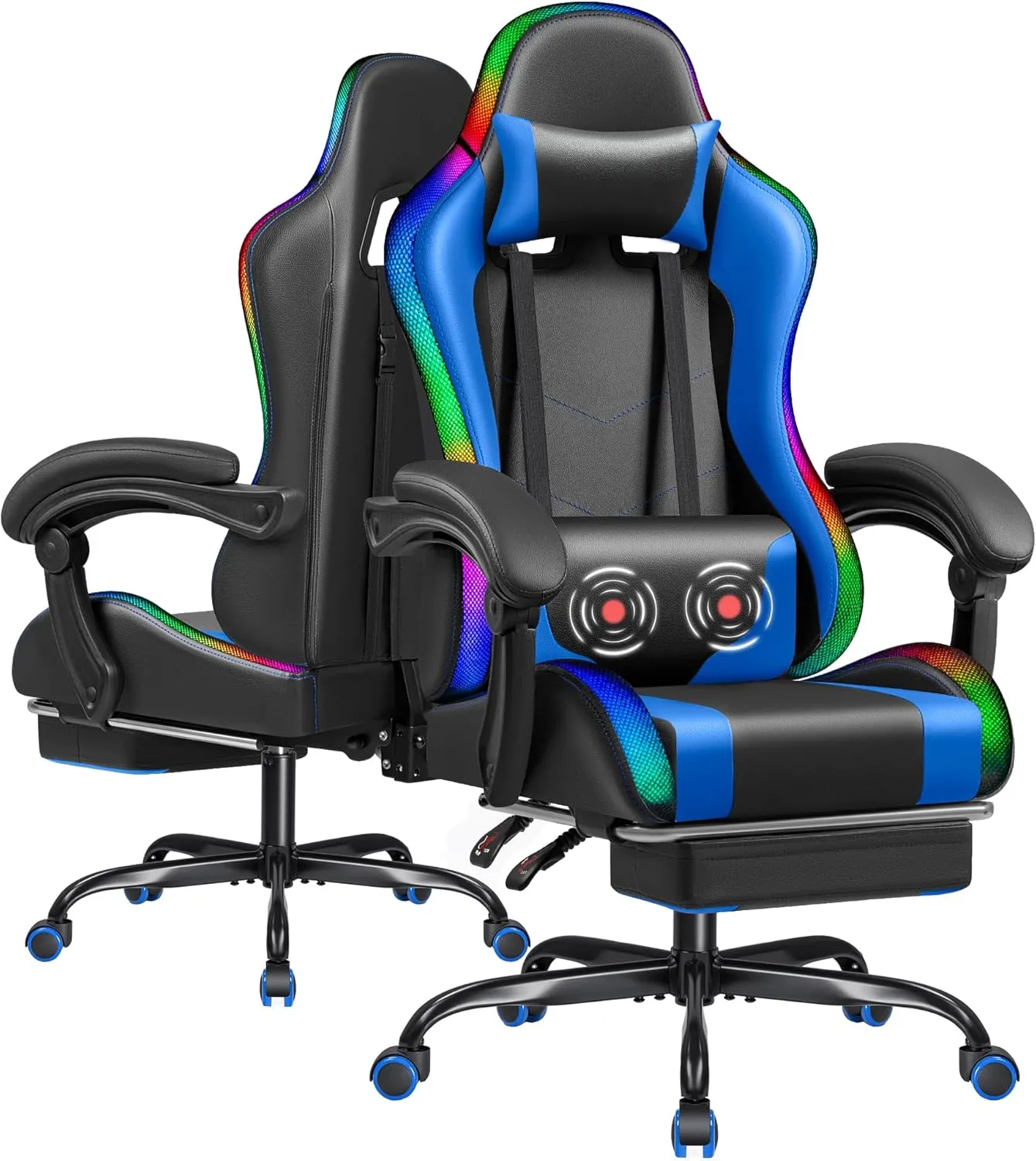 Furmax Gaming Chair with RGB LED Lights, Video Game Chair with Footrest and Massage Lumbar Support, High Back Reclining Computer Chair with Headrest, Swivel Seat Gamer Chair (LED Blue)