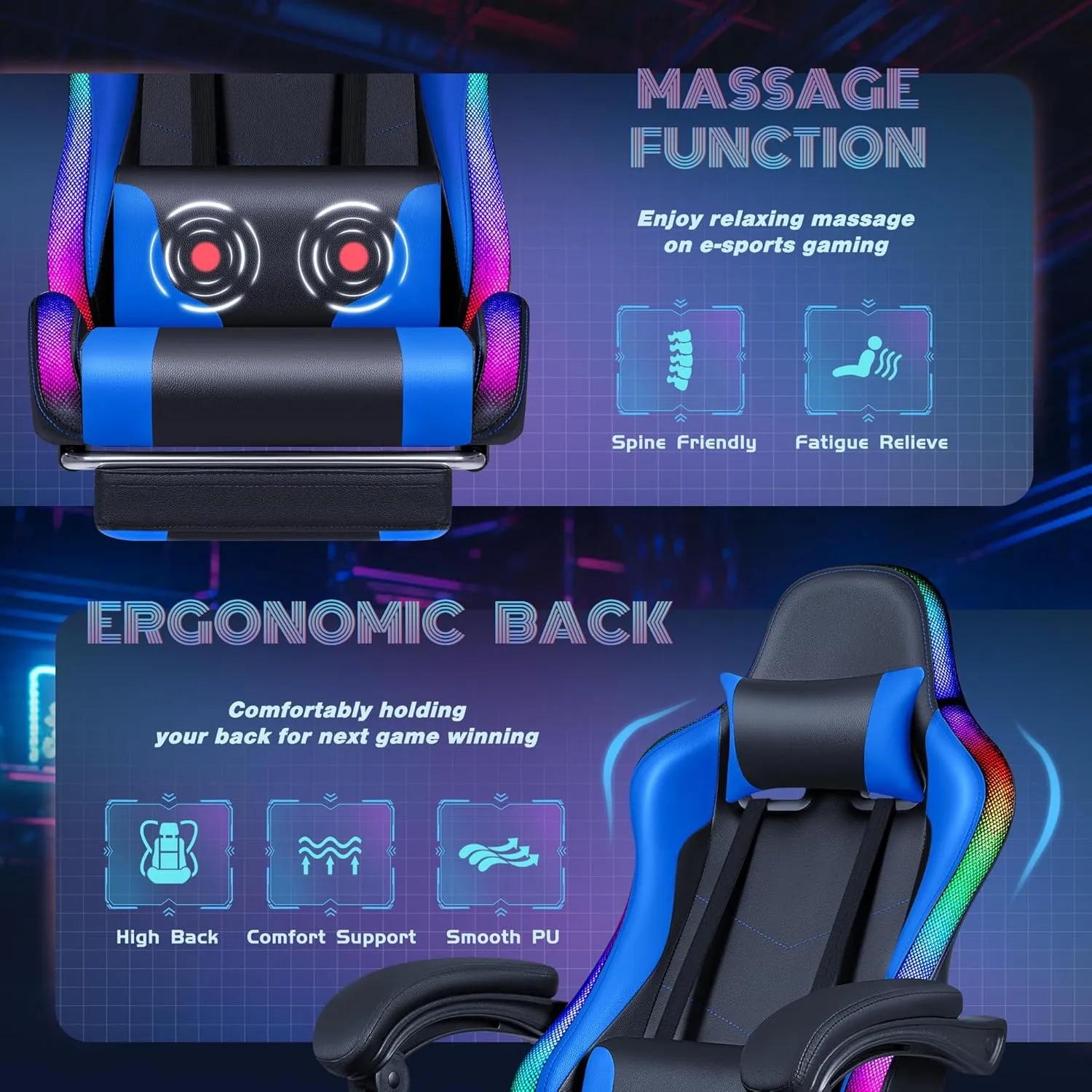 Furmax Gaming Chair with RGB LED Lights, Video Game Chair with Footrest and Massage Lumbar Support, High Back Reclining Computer Chair with Headrest, Swivel Seat Gamer Chair (LED Blue)