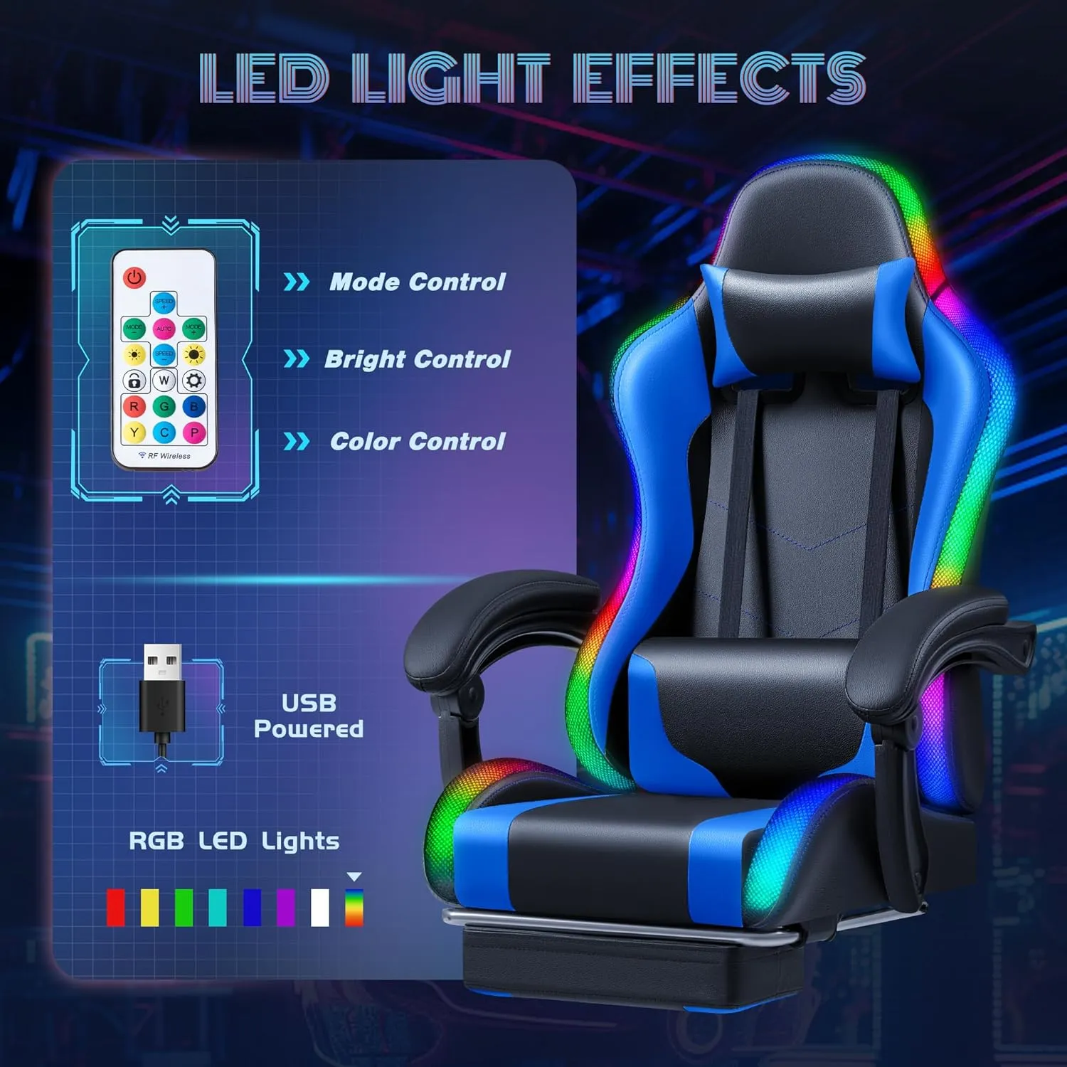 Furmax Gaming Chair with RGB LED Lights, Video Game Chair with Footrest and Massage Lumbar Support, High Back Reclining Computer Chair with Headrest, Swivel Seat Gamer Chair (LED Blue)