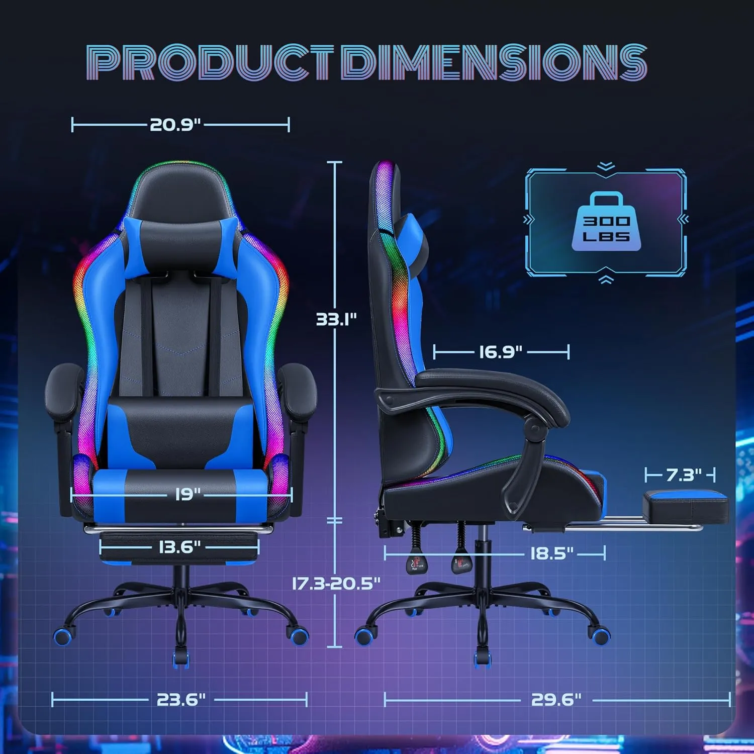 Furmax Gaming Chair with RGB LED Lights, Video Game Chair with Footrest and Massage Lumbar Support, High Back Reclining Computer Chair with Headrest, Swivel Seat Gamer Chair (LED Blue)