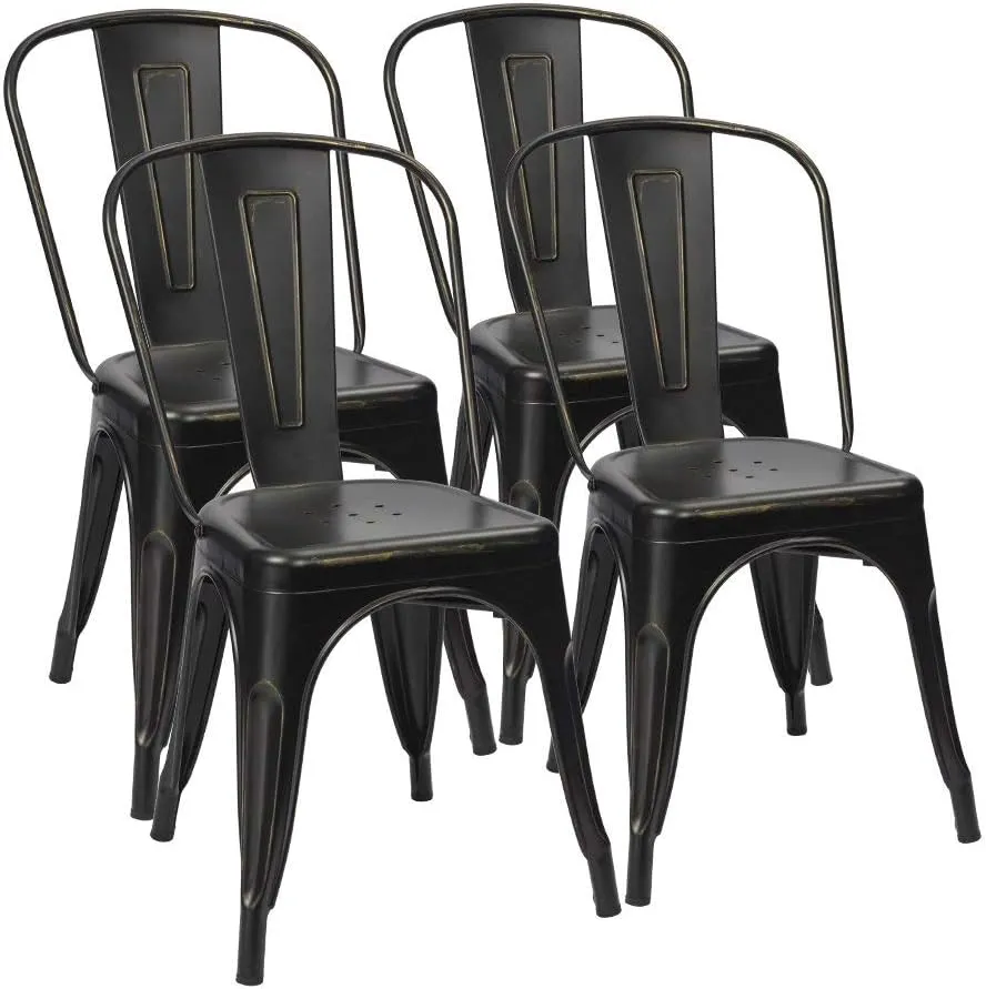Furmax Metal Dining Chair Indoor Outdoor Use Stackable Chic Side Classic Trattoria Metal Chairs Set of 4 for Kitchen, Dining Room, Bistro and Cafe (Gold Black)
