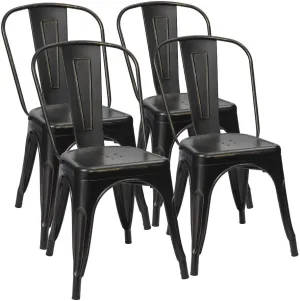 Furmax Metal Dining Chair Indoor Outdoor Use Stackable Chic Side Classic Trattoria Metal Chairs Set of 4 for Kitchen, Dining Room, Bistro and Cafe (Gold Black)
