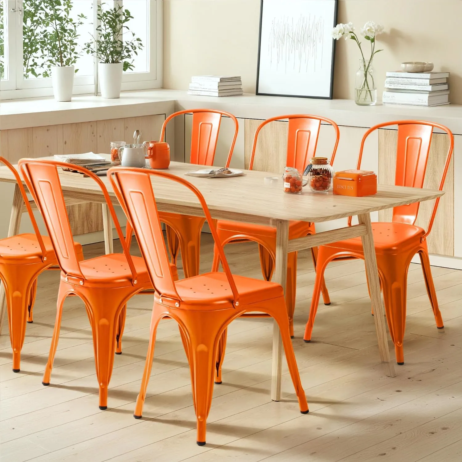 Furmax Metal Dining Chair Indoor Outdoor Use Stackable Classic Trattoria Chair Chic Dining Bistro Cafe Side Metal Chairs Set of 4 (Orange)