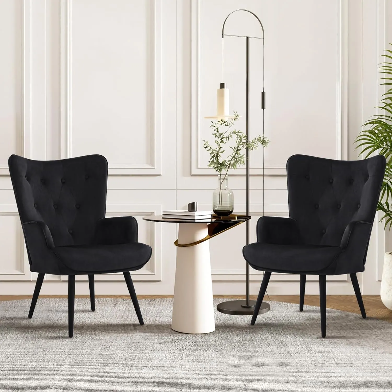 Furnimart Black Velvet Accent Chair Mid Century Modern Living Room Chairs; Comfy Armchair Leisure Vanity Guest Wingback Chair for Office Study Vanity Bedroom Waiting Room
