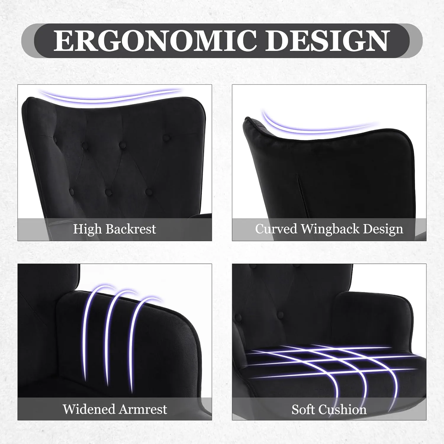 Furnimart Black Velvet Accent Chair Mid Century Modern Living Room Chairs; Comfy Armchair Leisure Vanity Guest Wingback Chair for Office Study Vanity Bedroom Waiting Room
