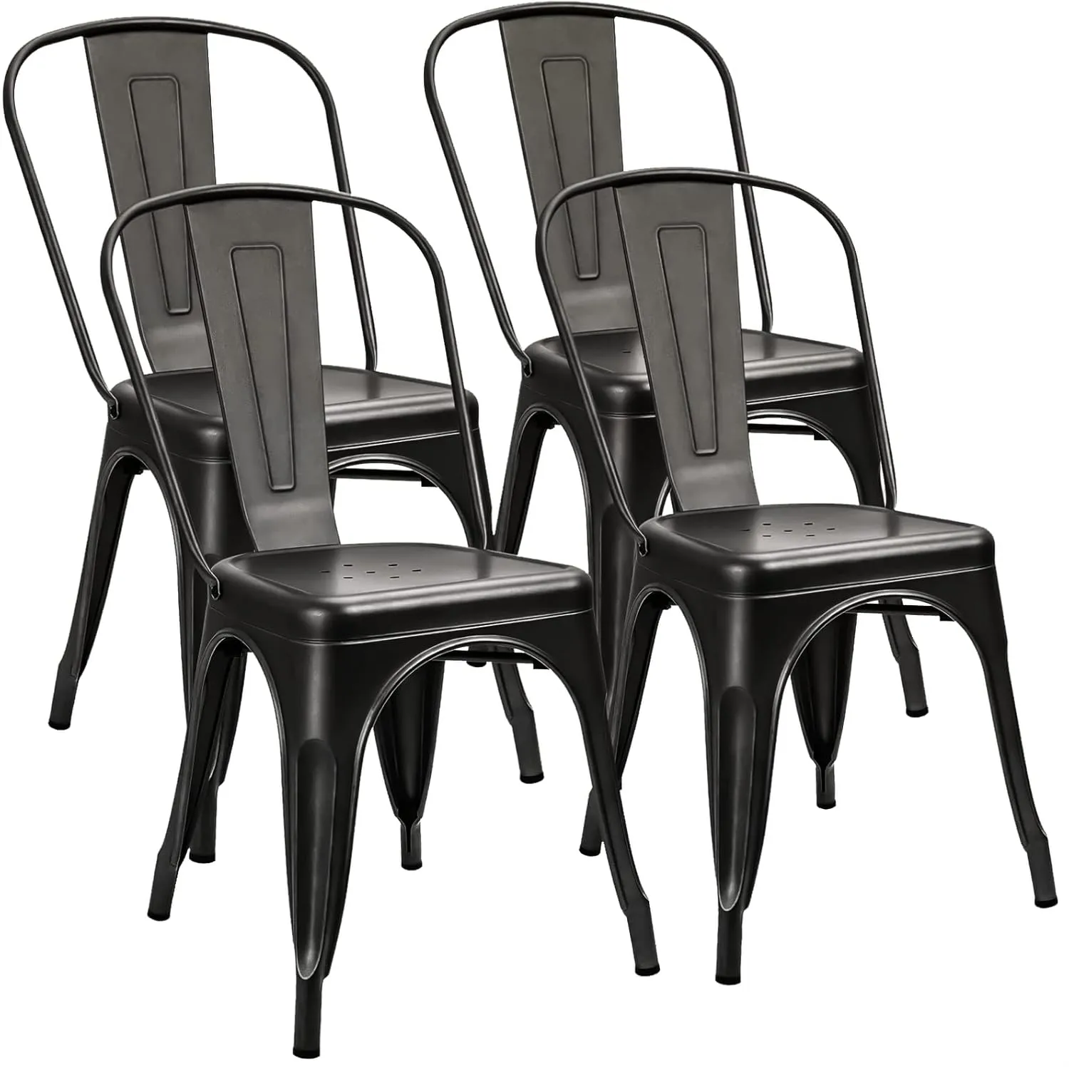 Furniwell Metal Dining Chairs Indoor Outdoor Use Stackable Tolix Industrial Metal Chairs Set of 4 for Kitchen, Dining Room, Bistro and Cafe (Black)