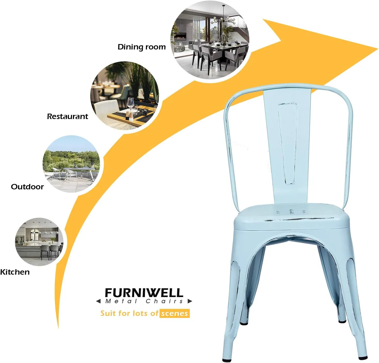 Furniwell Metal Dining Chairs Indoor Outdoor Use Stackable Tolix Industrial Metal Chairs Set of 4 for Kitchen, Dining Room, Bistro and Cafe (Distressed Blue)