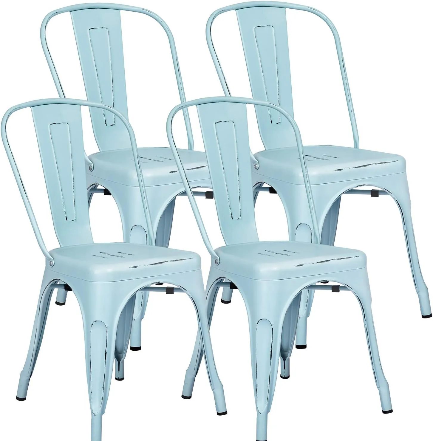 Furniwell Metal Dining Chairs Indoor Outdoor Use Stackable Tolix Industrial Metal Chairs Set of 4 for Kitchen, Dining Room, Bistro and Cafe (Distressed Blue)