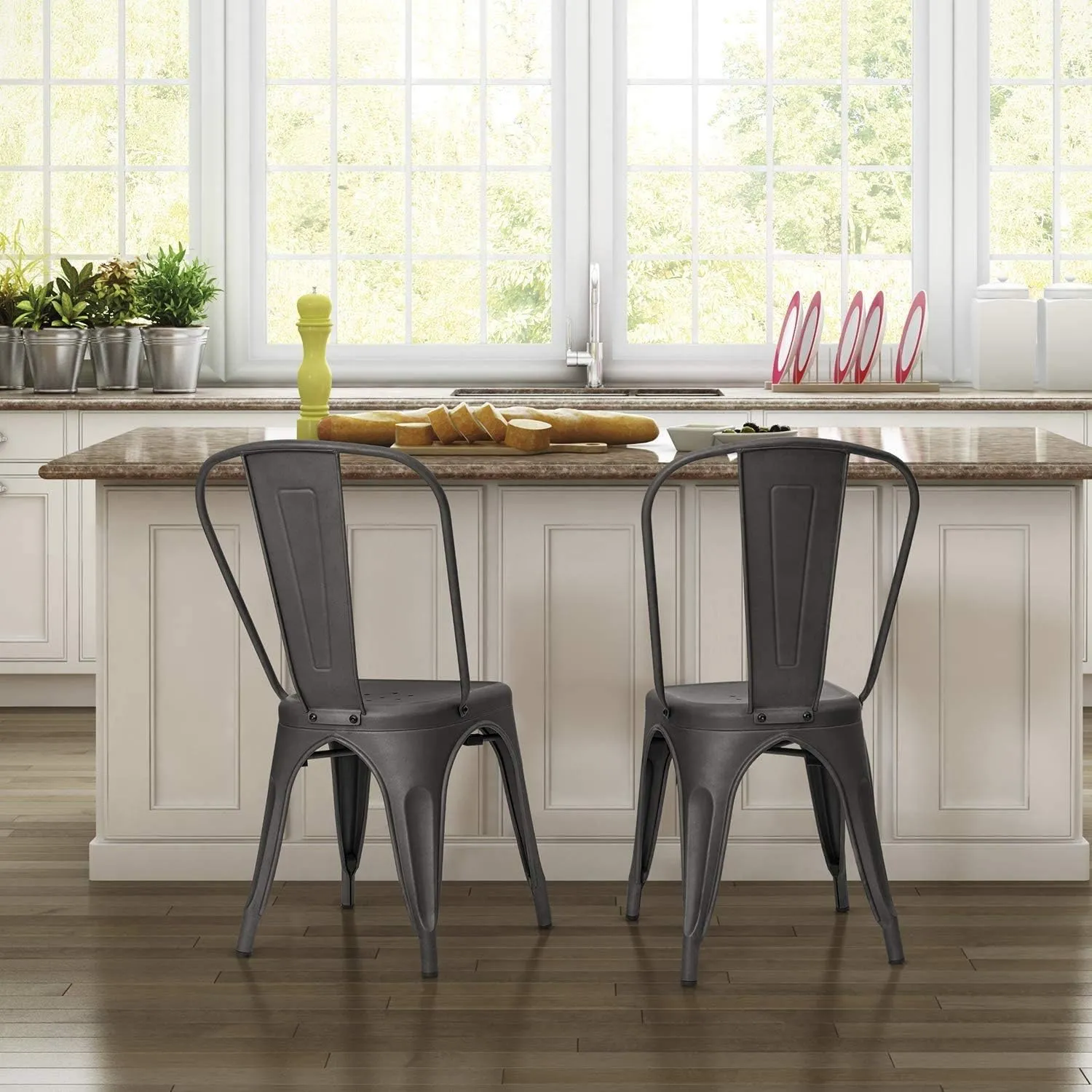 Furniwell Metal Dining Chairs Indoor Outdoor Use Stackable Tolix Industrial Metal Chairs Set of 4 for Kitchen, Dining Room, Bistro and Cafe (Gray)