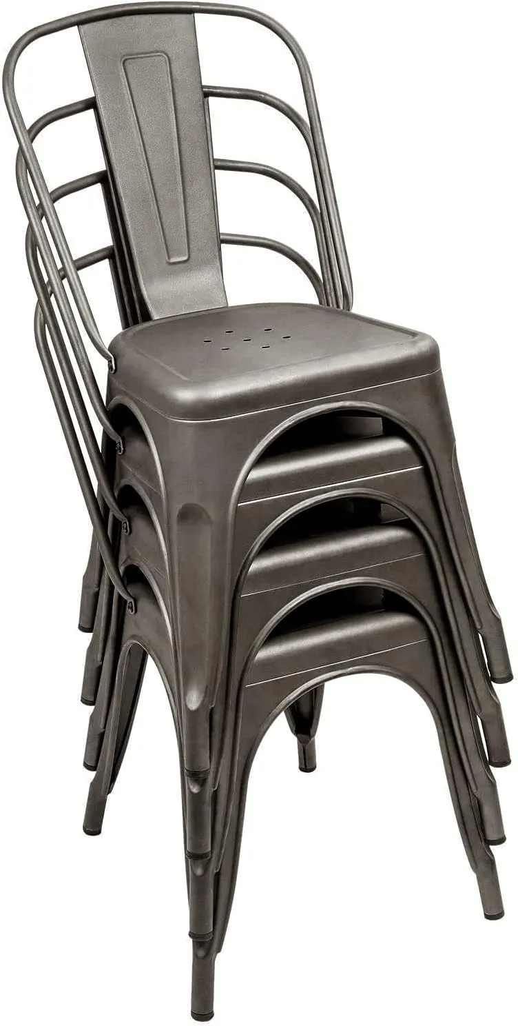 Furniwell Metal Dining Chairs Indoor Outdoor Use Stackable Tolix Industrial Metal Chairs Set of 4 for Kitchen, Dining Room, Bistro and Cafe (Gun)