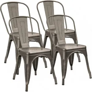 Furniwell Metal Dining Chairs Indoor Outdoor Use Stackable Tolix Industrial Metal Chairs Set of 4 for Kitchen, Dining Room, Bistro and Cafe (Gun)